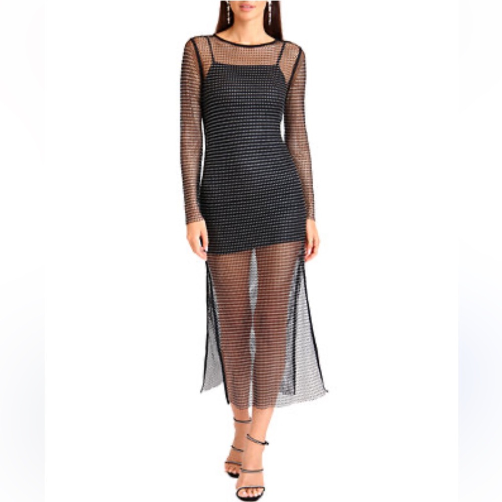 AVEC LES FILLES Rhinestone Mesh Maxi Dress Black Long Sleeve Crystal Size L